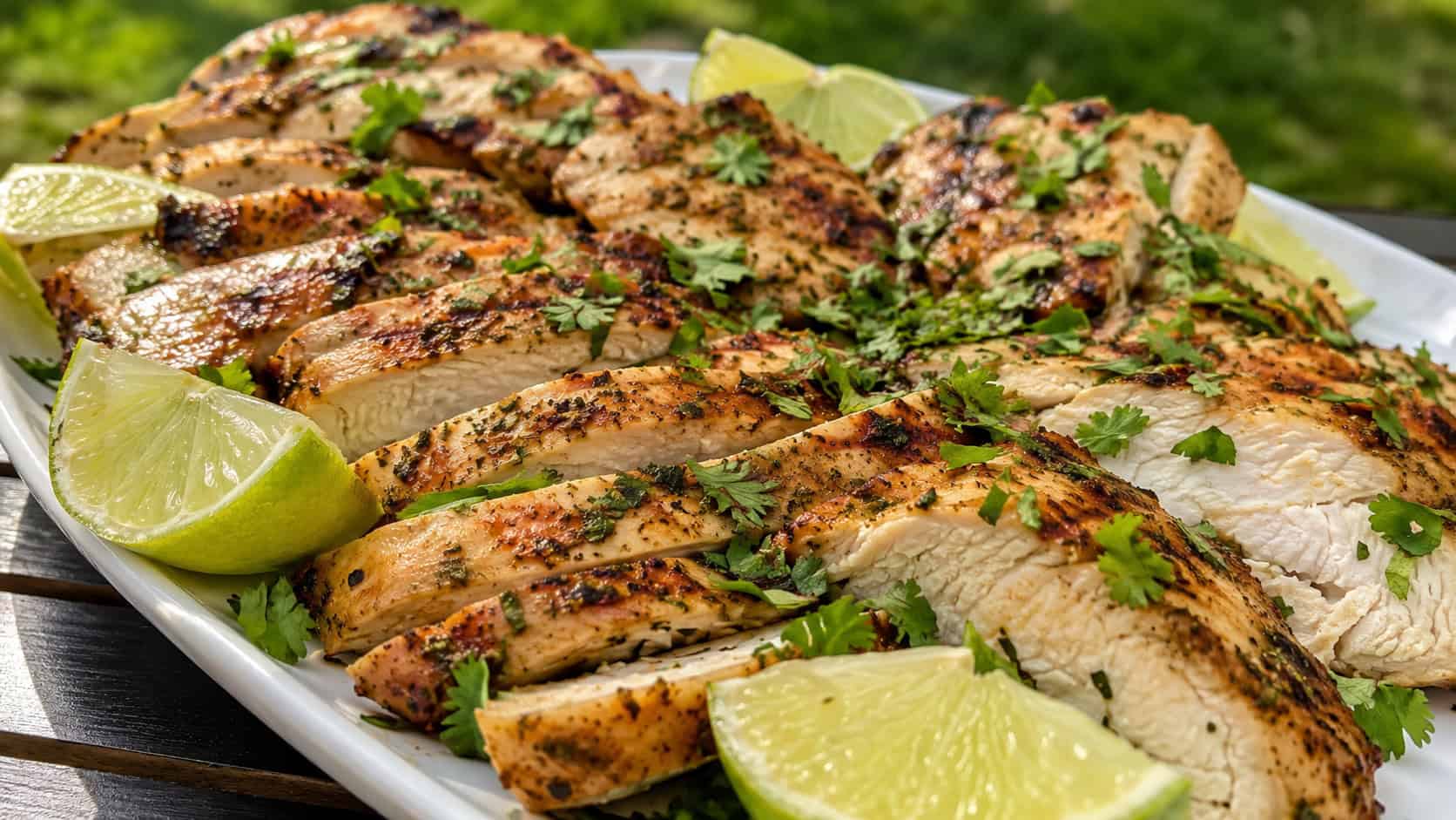 cilantro lime grilled chicken sliced and topped with fresh cilantro in a wide horizontal shot, arranged on a platter with lime wedges and grill marks visible, bright outdoor natural light, shallow depth of field, landscape orientation