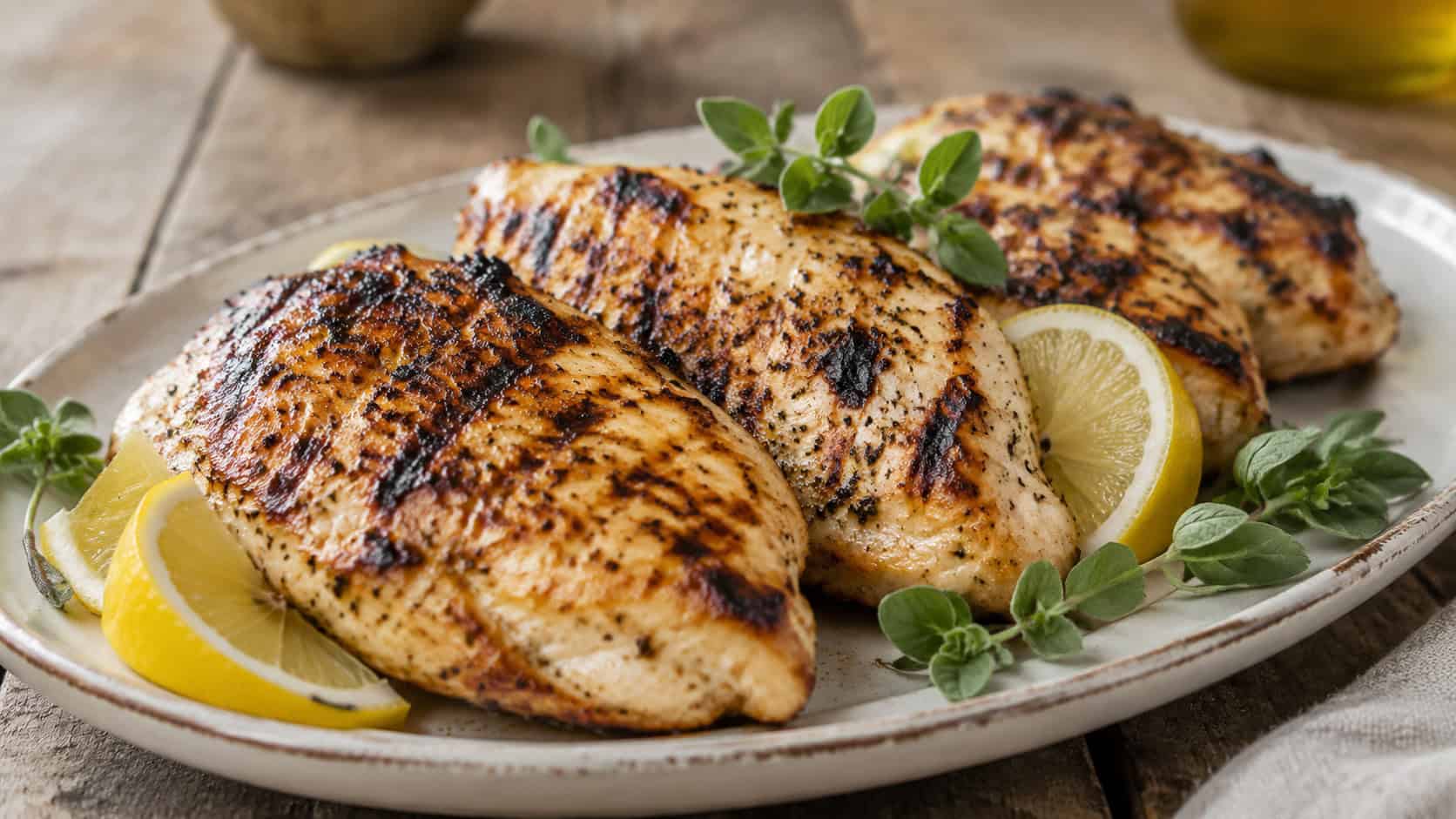 yogurt-marinated grilled chicken breasts with a charred golden crust in a wide horizontal shot, served on a platter with lemon and a sprig of oregano on a rustic table, warm natural light, shallow depth of field, landscape orientation