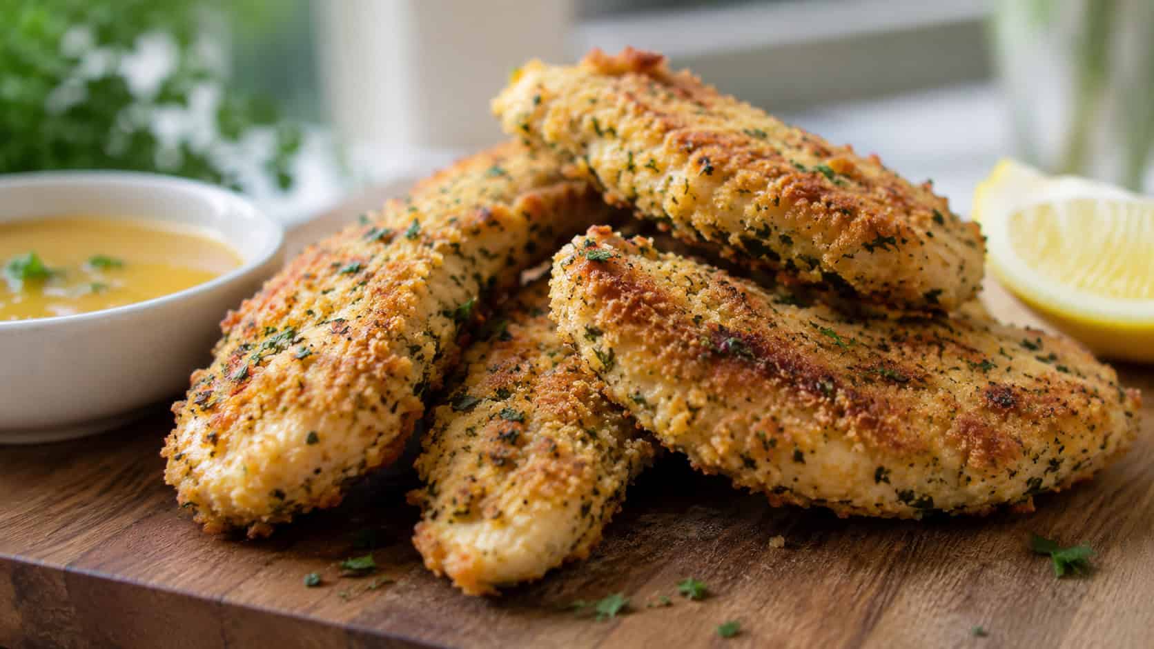 herb-crusted chicken tenders with a golden green-flecked crust in a wide horizontal shot, stacked on a wooden board with a lemon wedge and dipping sauce, bright natural light, shallow depth of field, landscape orientation