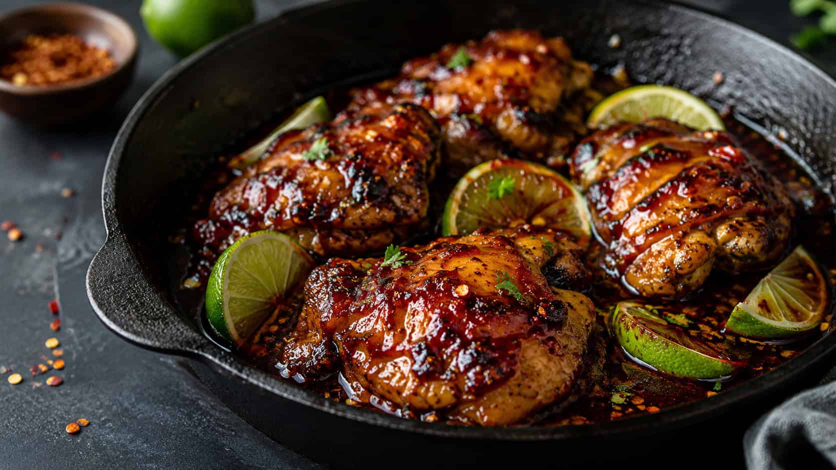 glossy spicy honey lime chicken thighs in a cast iron skillet in a wide horizontal shot, sticky sauce pooling around them with lime wedges and chili flakes, set on a dark slate counter, moody natural light, shallow depth of field, landscape orientation