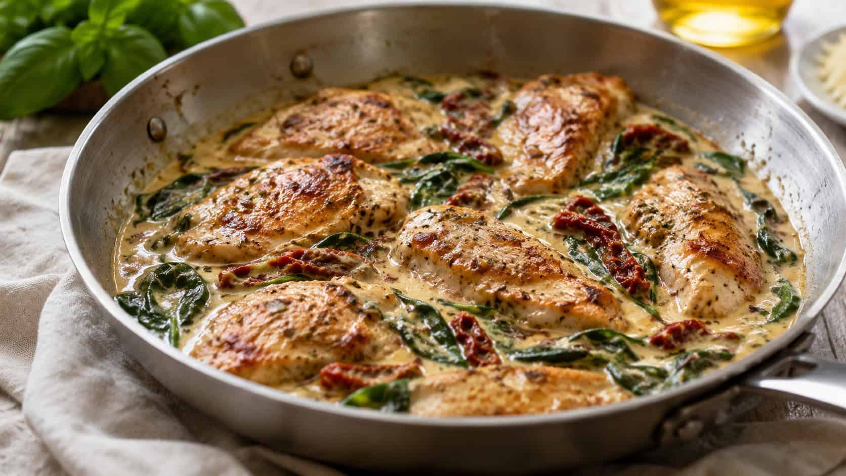 a Tuscan chicken skillet with creamy sauce, wilted spinach, and sun-dried tomatoes in a wide horizontal shot, served in a stainless skillet on a cozy linen napkin, warm natural light, shallow depth of field, landscape orientation