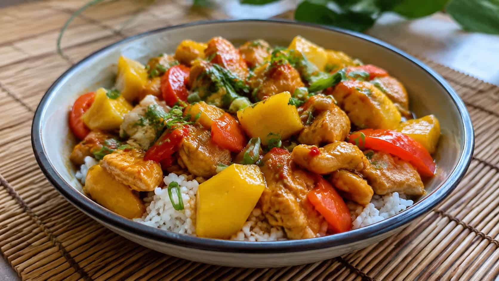 a colorful mango chicken stir fry with golden mango chunks and red peppers in a wide horizontal shot, plated over fluffy rice in a shallow bowl on a bright bamboo mat, fresh natural light, shallow depth of field, landscape orientation