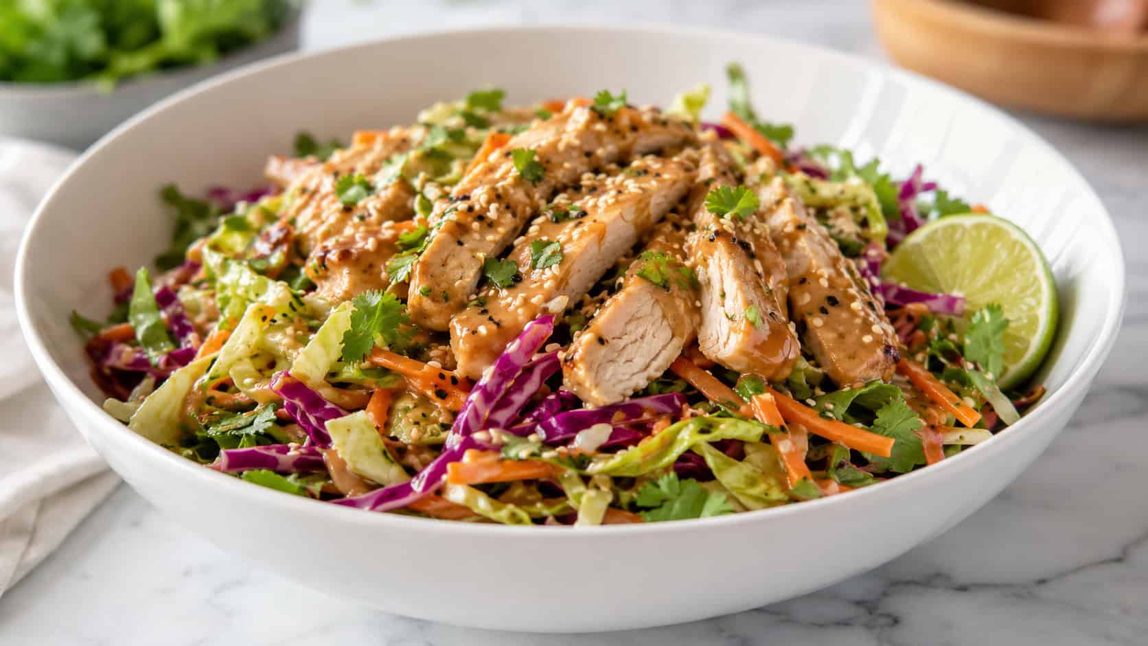 a vibrant Asian sesame lime chicken salad with shredded cabbage, carrots, and sliced chicken in a wide horizontal shot, sprinkled with sesame seeds in a large white bowl on a clean marble counter, bright natural light, shallow depth of field, landscape orientation