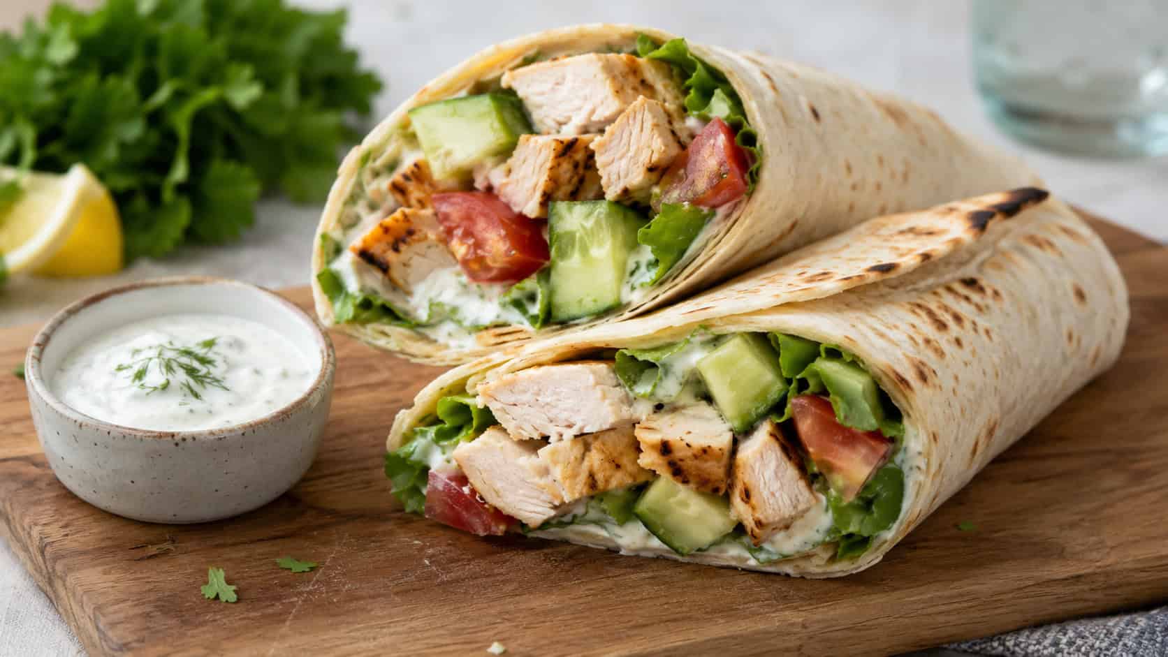 Mediterranean chicken wraps sliced in half showing cucumber, tomato, and chicken in a wide horizontal shot, arranged on a wooden board with a small dish of yogurt sauce, bright airy natural light, shallow depth of field, landscape orientation