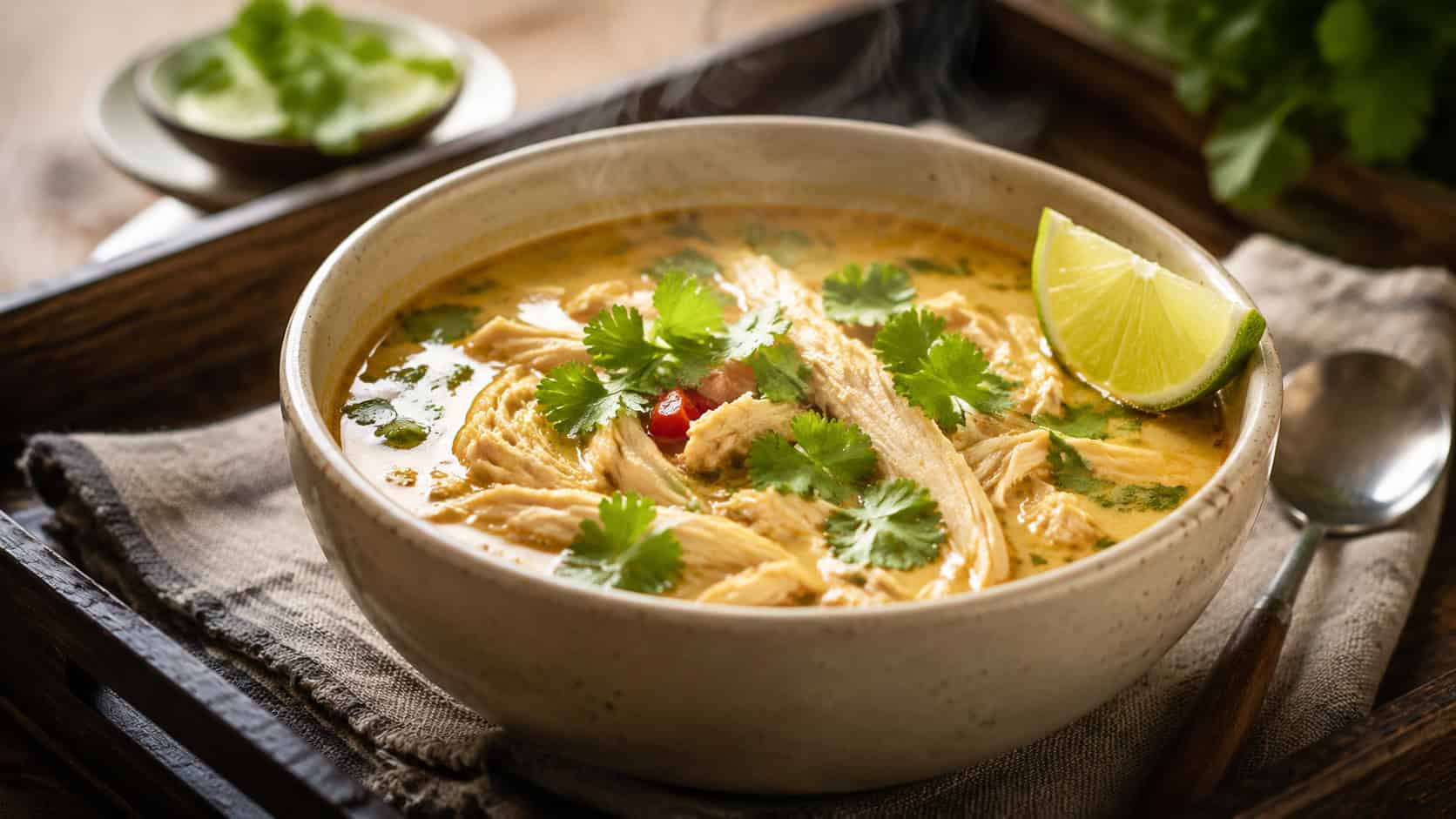 a steaming bowl of coconut curry chicken soup with shredded chicken and cilantro in a wide horizontal shot, lime wedge on the rim, set on a rustic wooden tray with a linen napkin, warm cozy natural light, shallow depth of field, landscape orientation
