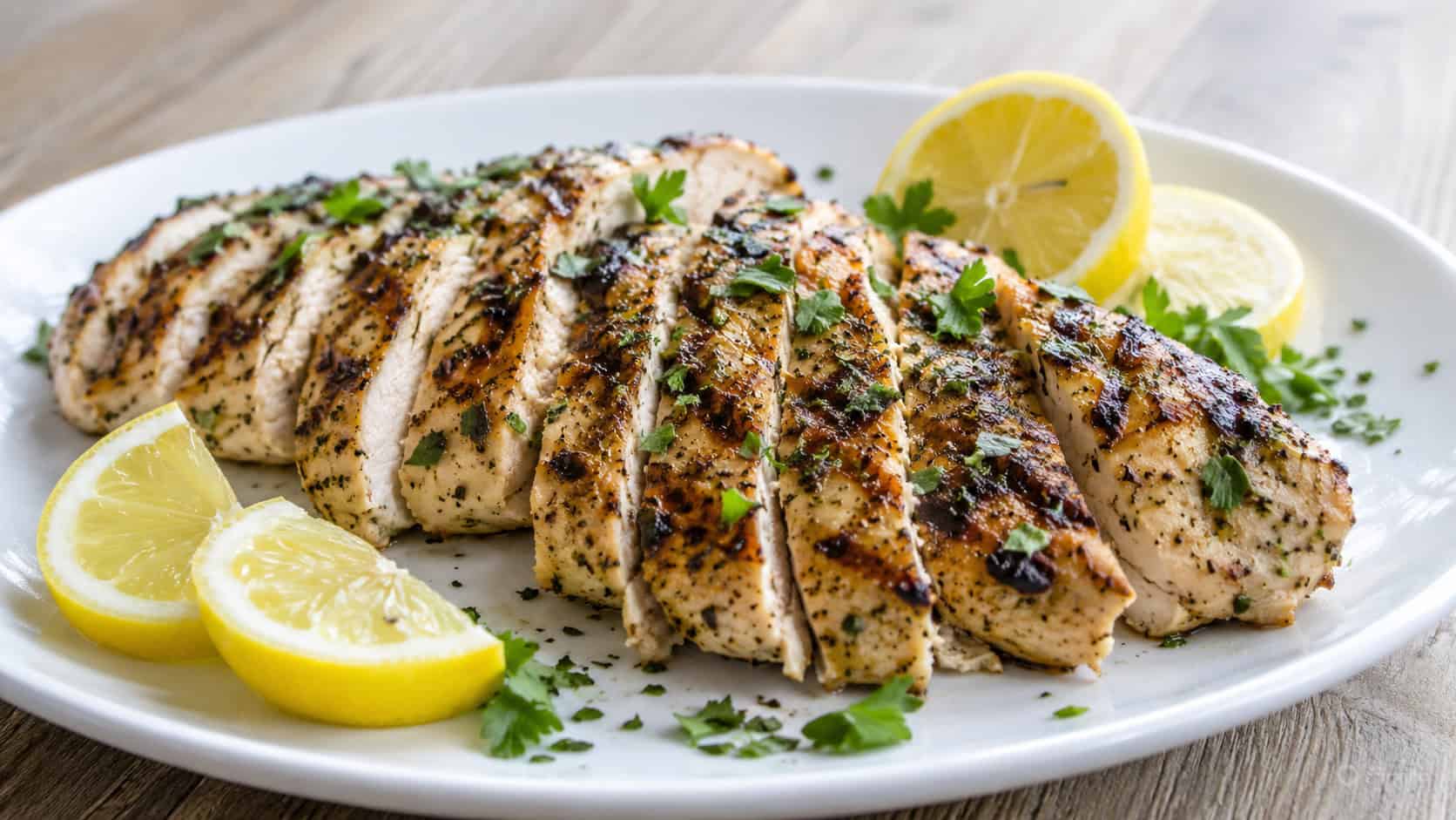 sliced lemon herb grilled chicken breast with golden grill marks fanned across a white plate, scattered fresh parsley and lemon wedges, on a light wood table, wide horizontal shot, natural light, shallow depth of field, landscape orientation