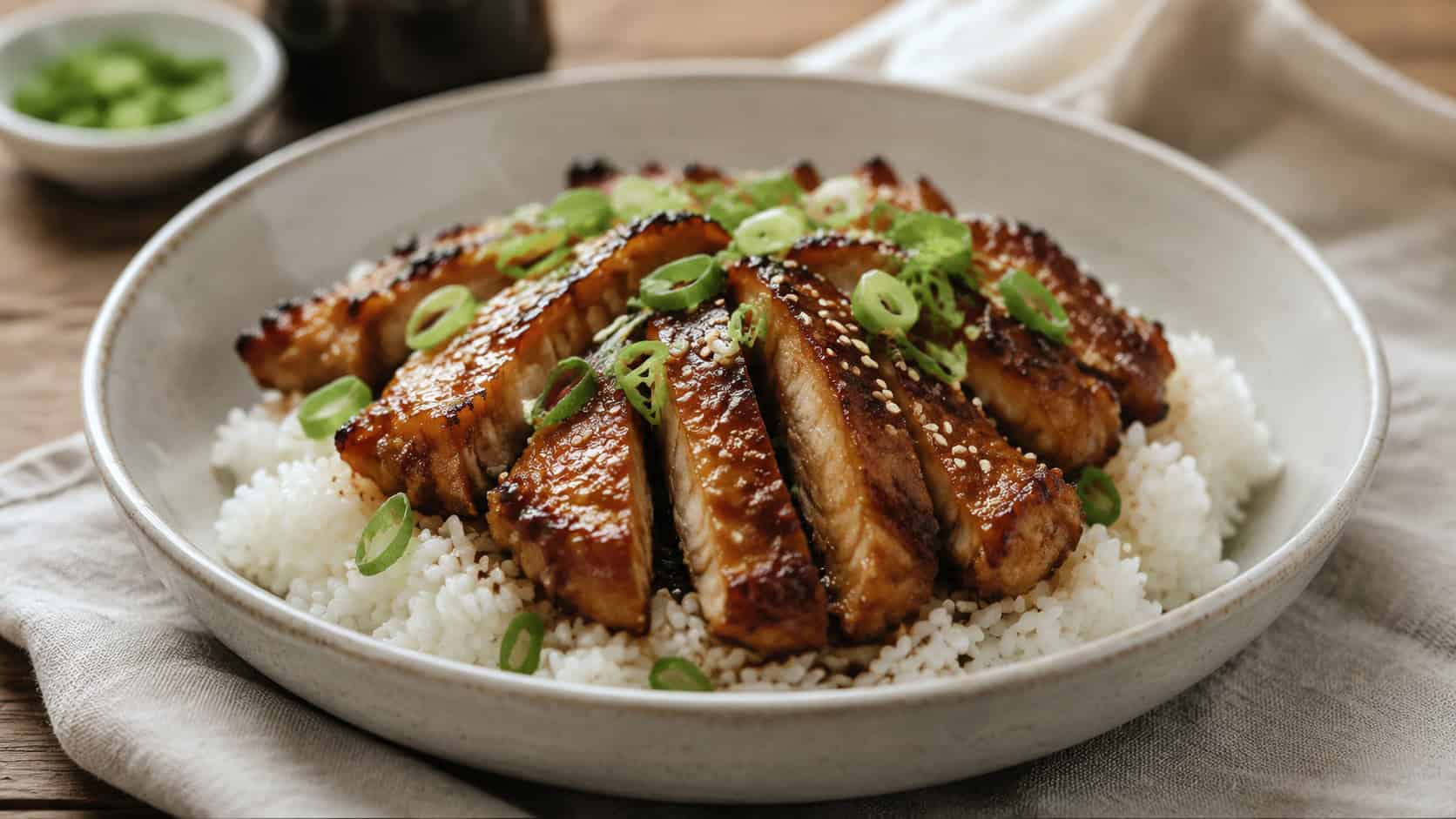 caramelized ginger soy chicken thighs sliced over jasmine rice, garnished with scallions and toasted sesame, in a shallow bowl on a linen napkin, wide horizontal shot, natural light, shallow depth of field, landscape orientation