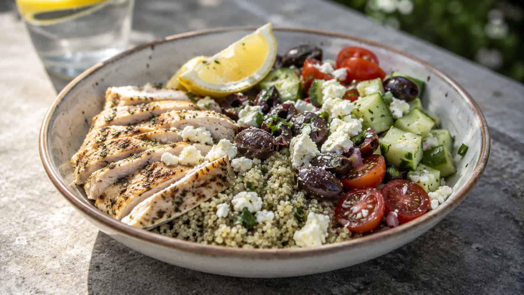 a Mediterranean bowl with sliced chicken, fluffy quinoa, halved cherry tomatoes, cucumber, olives, and crumbled feta, lemon wedge on top, on a stone table, wide horizontal shot, natural light, shallow depth of field, landscape orientation