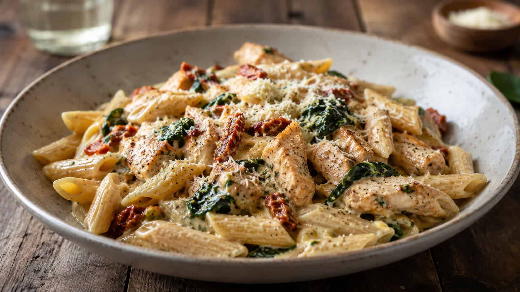 creamy Tuscan chicken penne with sun-dried tomatoes and wilted spinach in a wide bowl, parmesan dusted on top, on a rustic wood table, wide horizontal shot, natural light, shallow depth of field, landscape orientation