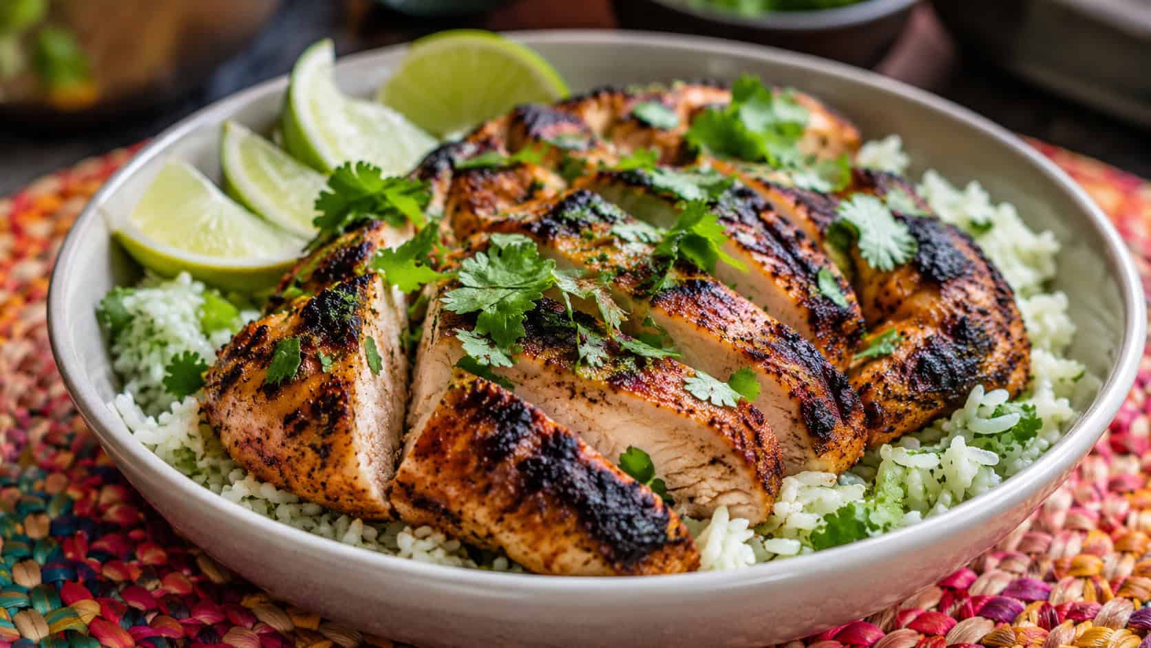 sliced chipotle lime chicken with smoky char marks over cilantro rice, lime wedges and fresh cilantro on top, in a bowl on a colorful woven mat, wide horizontal shot, natural light, shallow depth of field, landscape orientation