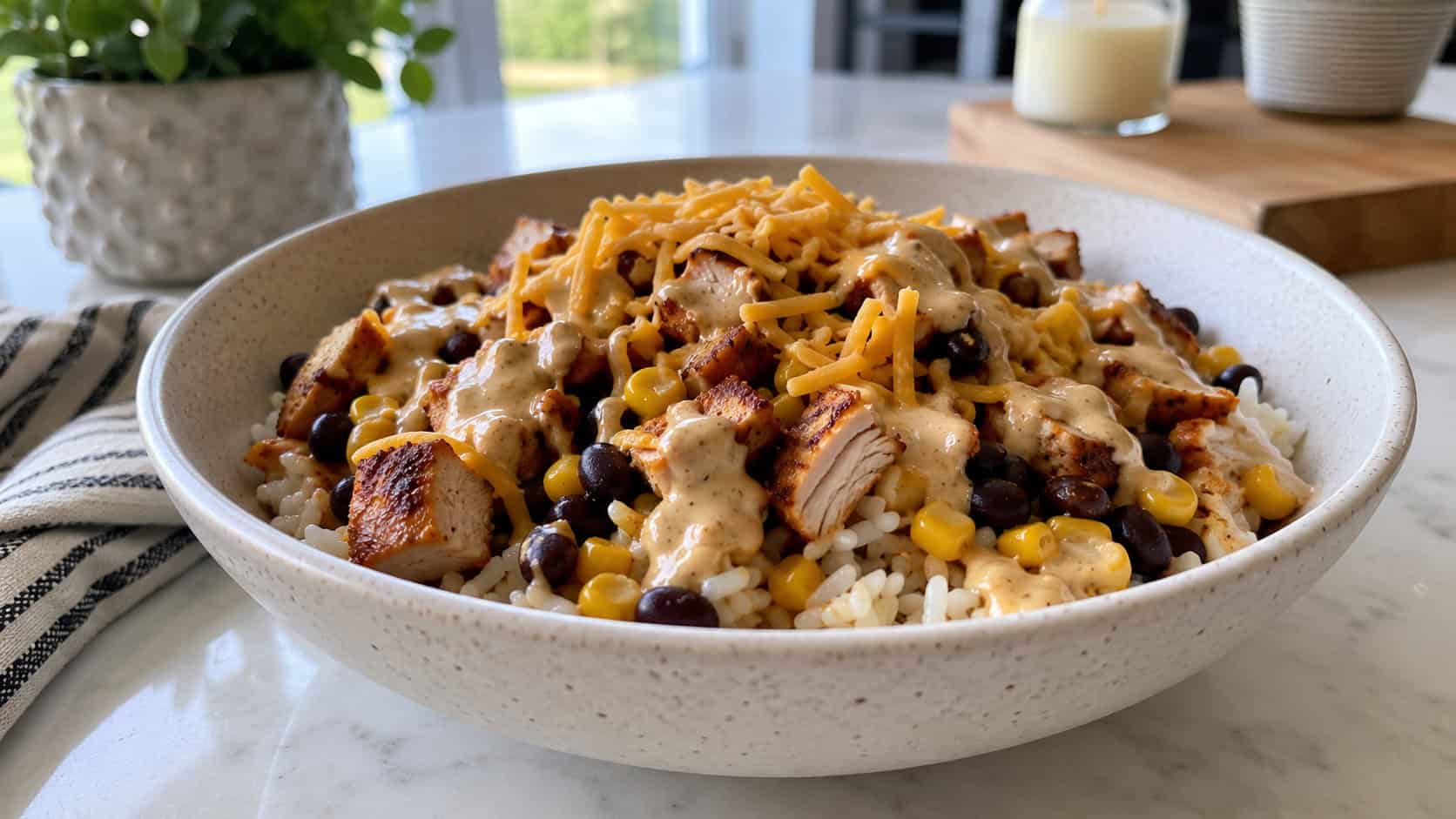 a ranch chicken burrito bowl with cubed chicken, rice, black beans, corn, and shredded cheddar, on a bright kitchen table, wide horizontal shot, natural light, shallow depth of field, landscape orientation