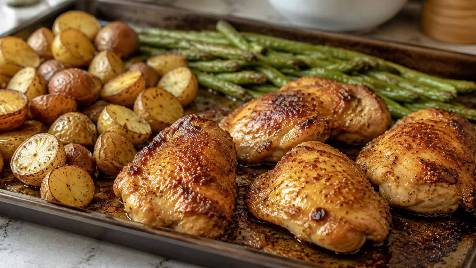 honey mustard glazed chicken with roasted baby potatoes and green beans on a sheet pan, golden and caramelized, on a kitchen counter, wide horizontal shot, natural light, shallow depth of field, landscape orientation