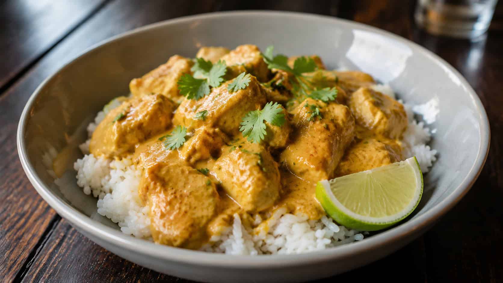 creamy coconut curry chicken in a bowl over jasmine rice, garnished with cilantro and a lime wedge, sauce rich and golden, on a dark wood table, wide horizontal shot, natural light, shallow depth of field, landscape orientation