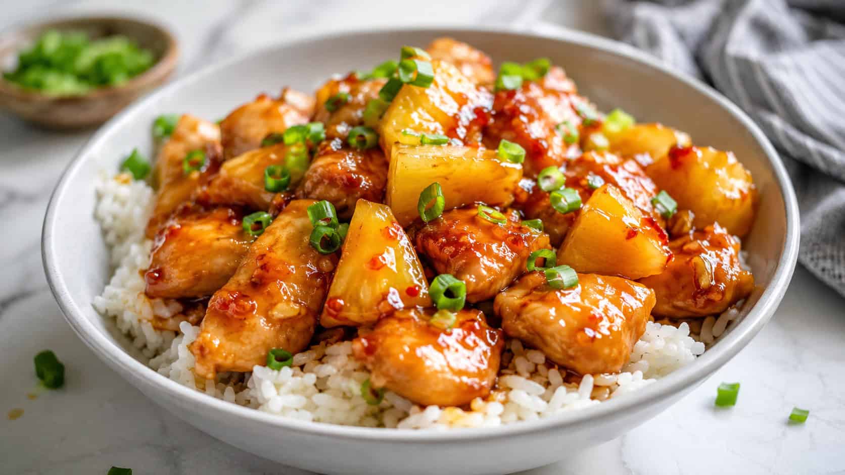 glossy sweet and spicy pineapple chicken with golden pineapple chunks over white rice in a bowl, scallions sprinkled on top, on a bright table, wide horizontal shot, natural light, shallow depth of field, landscape orientation