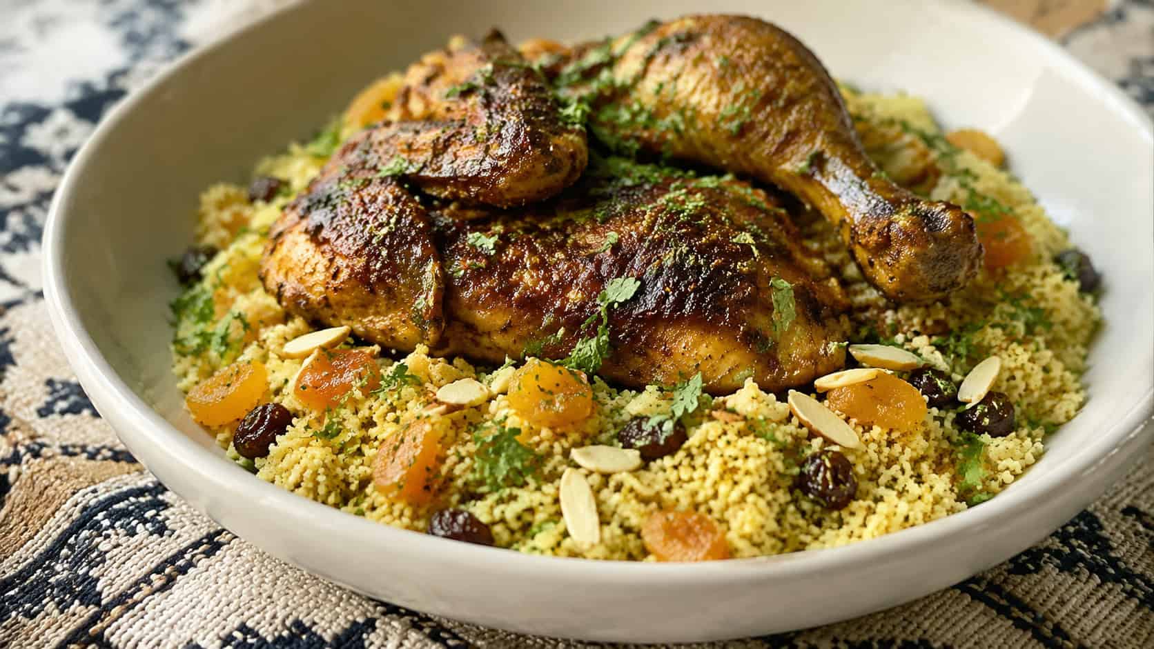 spiced Moroccan chicken over fluffy couscous studded with dried apricots, sprinkled with parsley and slivered almonds, in a shallow bowl on a patterned cloth, wide horizontal shot, natural light, shallow depth of field, landscape orientation