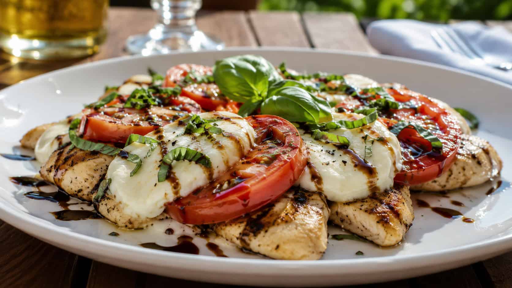 chicken caprese with melted mozzarella, sliced red tomatoes, fresh basil, and balsamic drizzle on a white plate, on a sunny table, wide horizontal shot, natural light, shallow depth of field, landscape orientation