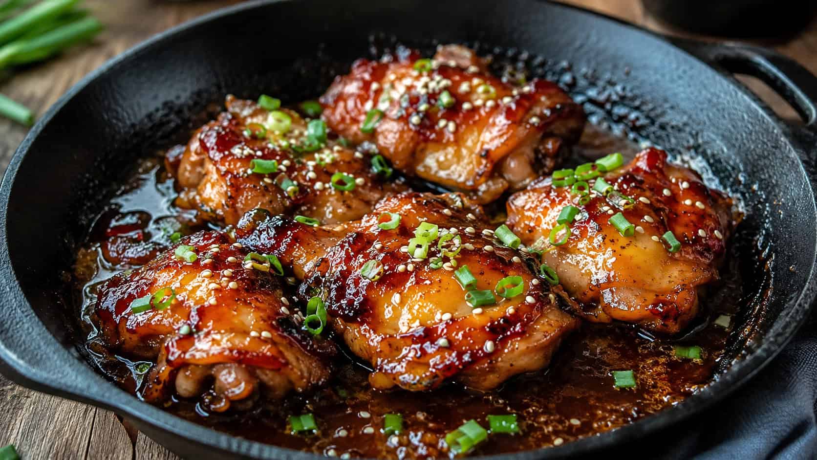 glossy honey garlic chicken thighs glistening in a dark cast iron skillet, sauce pooling around them with a sprinkle of sesame and green onion, on a rustic table, wide horizontal shot, natural light, shallow depth of field, landscape orientation