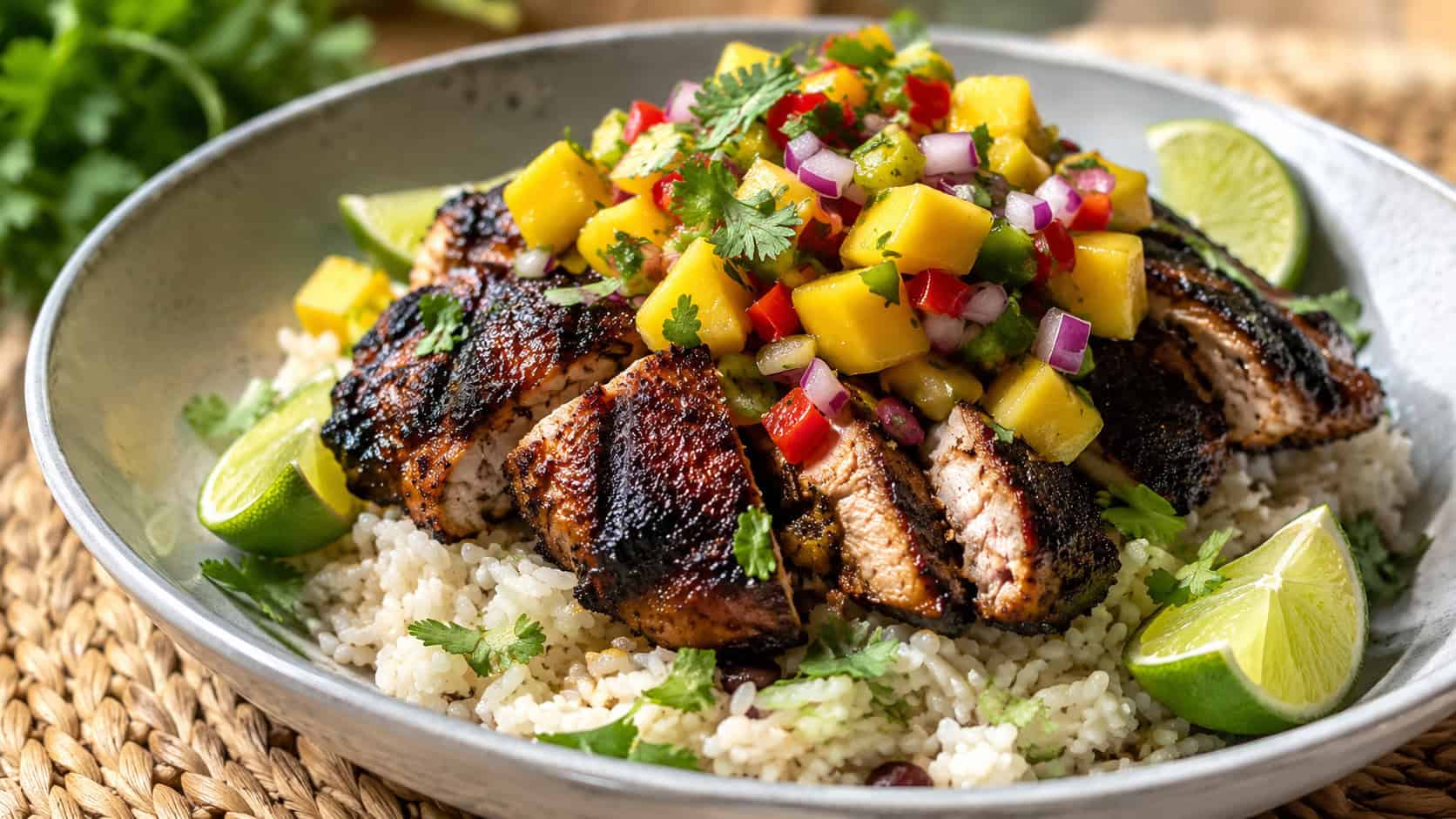 charred jerk chicken topped with colorful mango salsa over rice, lime wedges and cilantro scattered around, in a bowl on a woven mat, wide horizontal shot, natural light, shallow depth of field, landscape orientation