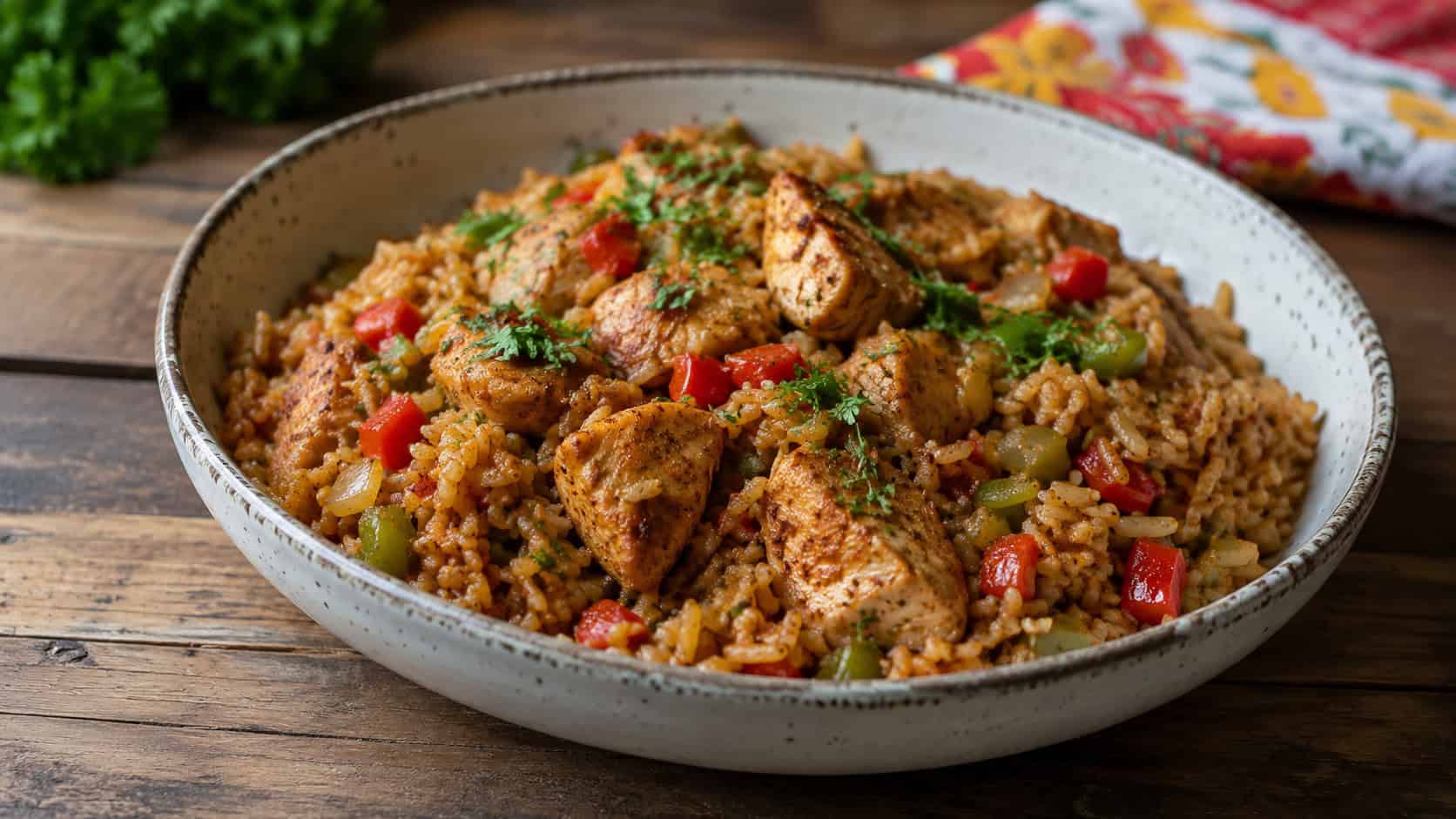 Cajun chicken and rice with diced peppers and onions in a wide bowl, sprinkled with parsley, spices flecked throughout, on a rustic table, wide horizontal shot, natural light, shallow depth of field, landscape orientation