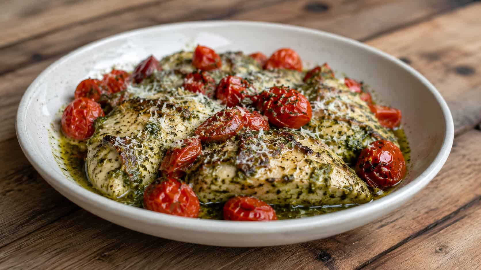 pesto chicken with blistered red cherry tomatoes in a green-flecked sauce, parmesan on top, in a shallow bowl on a wood table, wide horizontal shot, natural light, shallow depth of field, landscape orientation