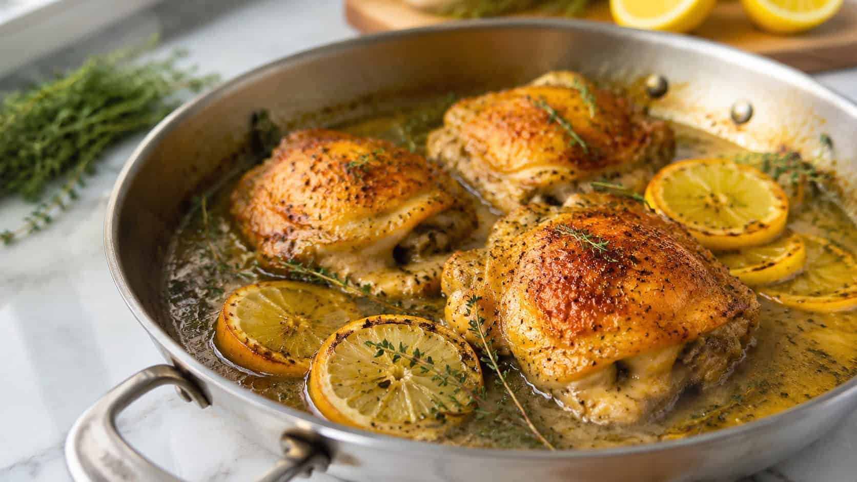 golden lemon butter chicken thighs in a glossy sauce in a skillet, lemon slices and fresh thyme around them, on a marble counter, wide horizontal shot, natural light, shallow depth of field, landscape orientation