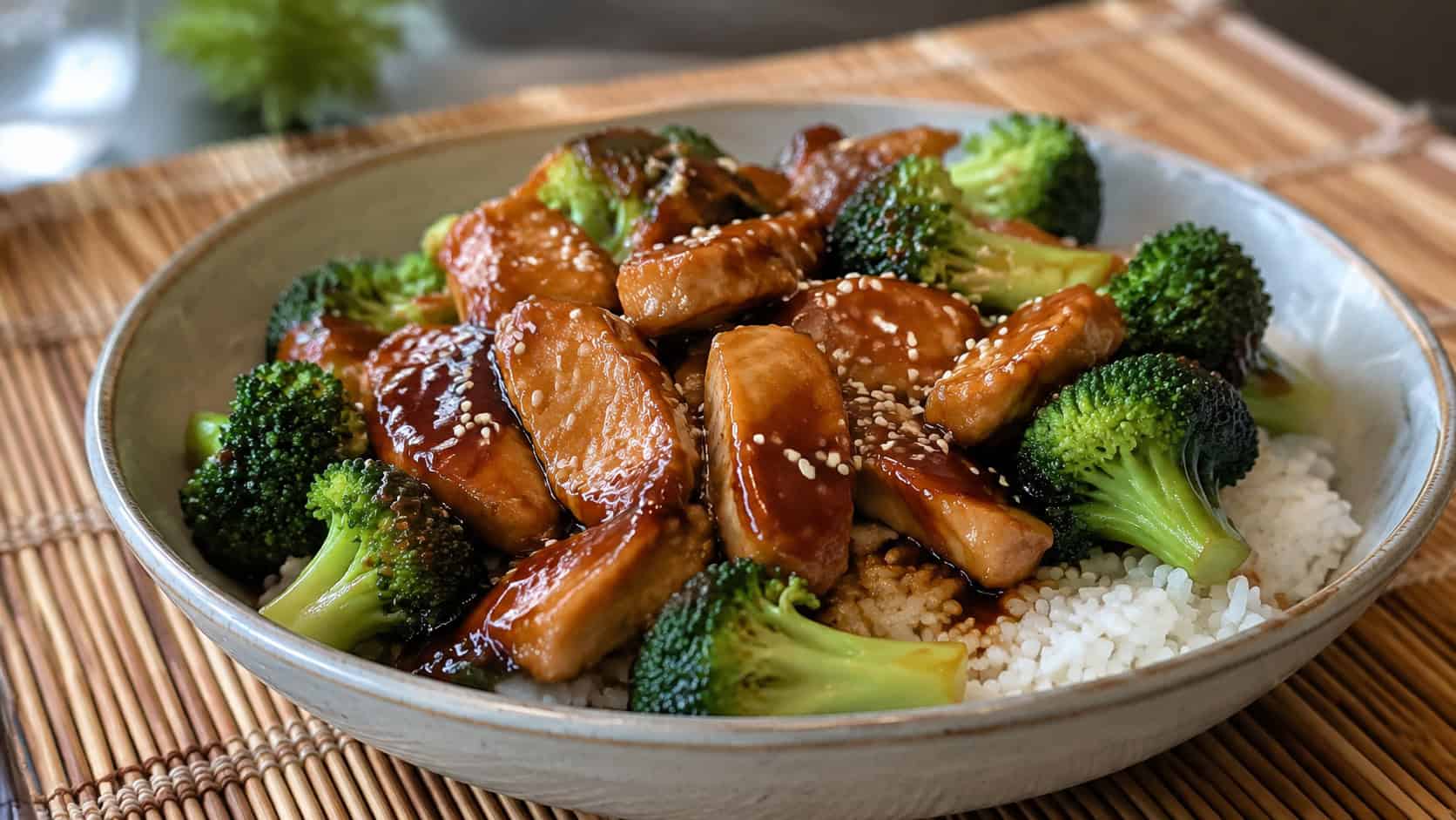 teriyaki chicken and bright green broccoli over fluffy white rice in a shallow bowl, glossy sauce and sesame seeds on top, on a bamboo placemat, wide horizontal shot, natural light, shallow depth of field, landscape orientation