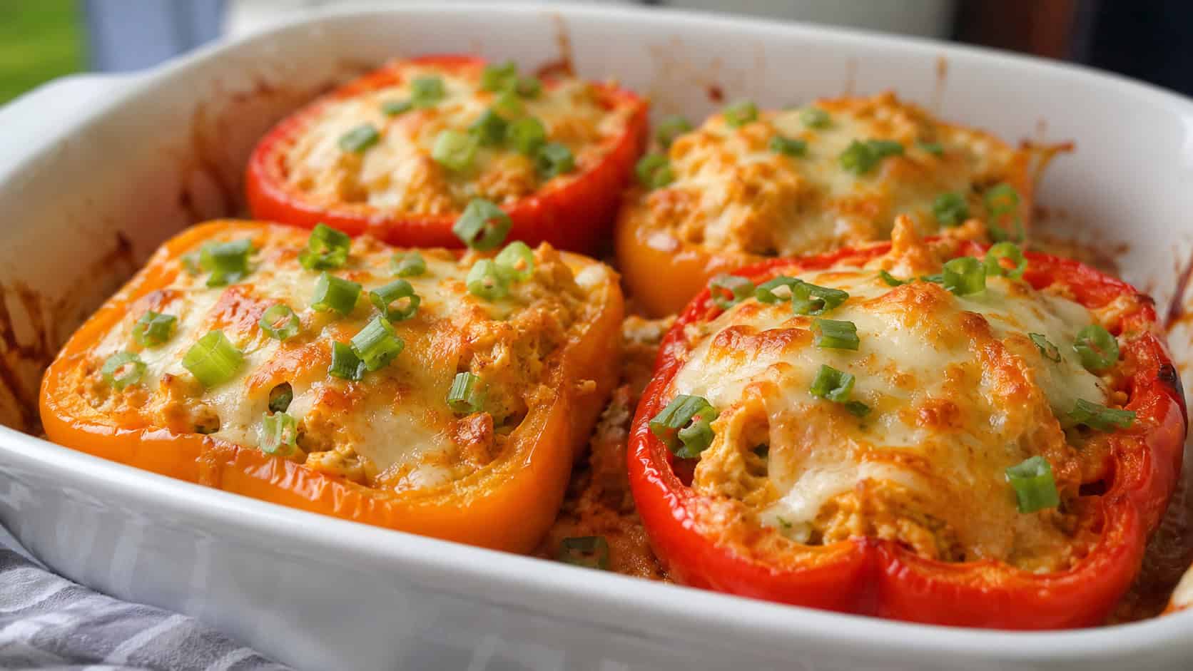 orange and red bell pepper halves stuffed with creamy buffalo chicken and bubbling cheese, scattered green onions on top, in a white baking dish, wide horizontal shot, natural light, shallow depth of field, landscape orientation