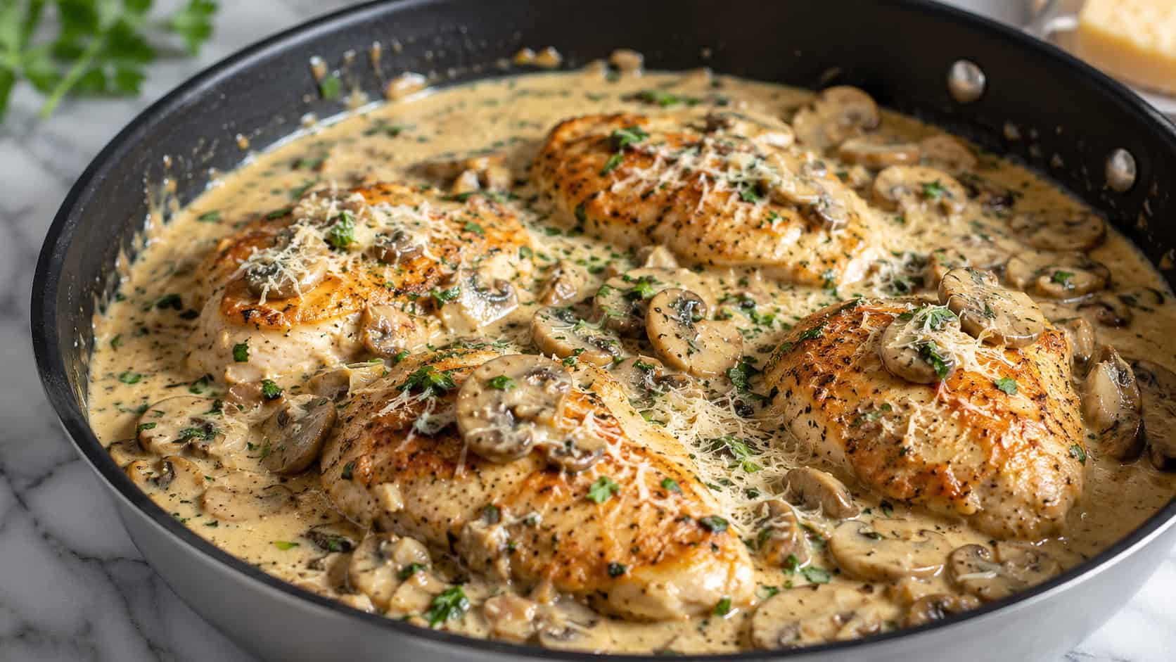 golden chicken breasts in a creamy mushroom sauce in a skillet, sauce flecked with parsley and parmesan, on a marble counter, wide horizontal shot, natural light, shallow depth of field, landscape orientation