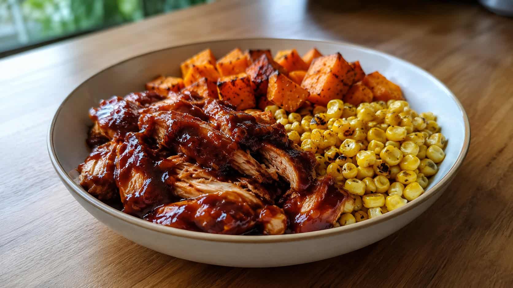 a meal prep bowl with saucy BBQ chicken, roasted orange sweet potato cubes, and golden corn, on a wooden table, wide horizontal shot, natural light, shallow depth of field, landscape orientation