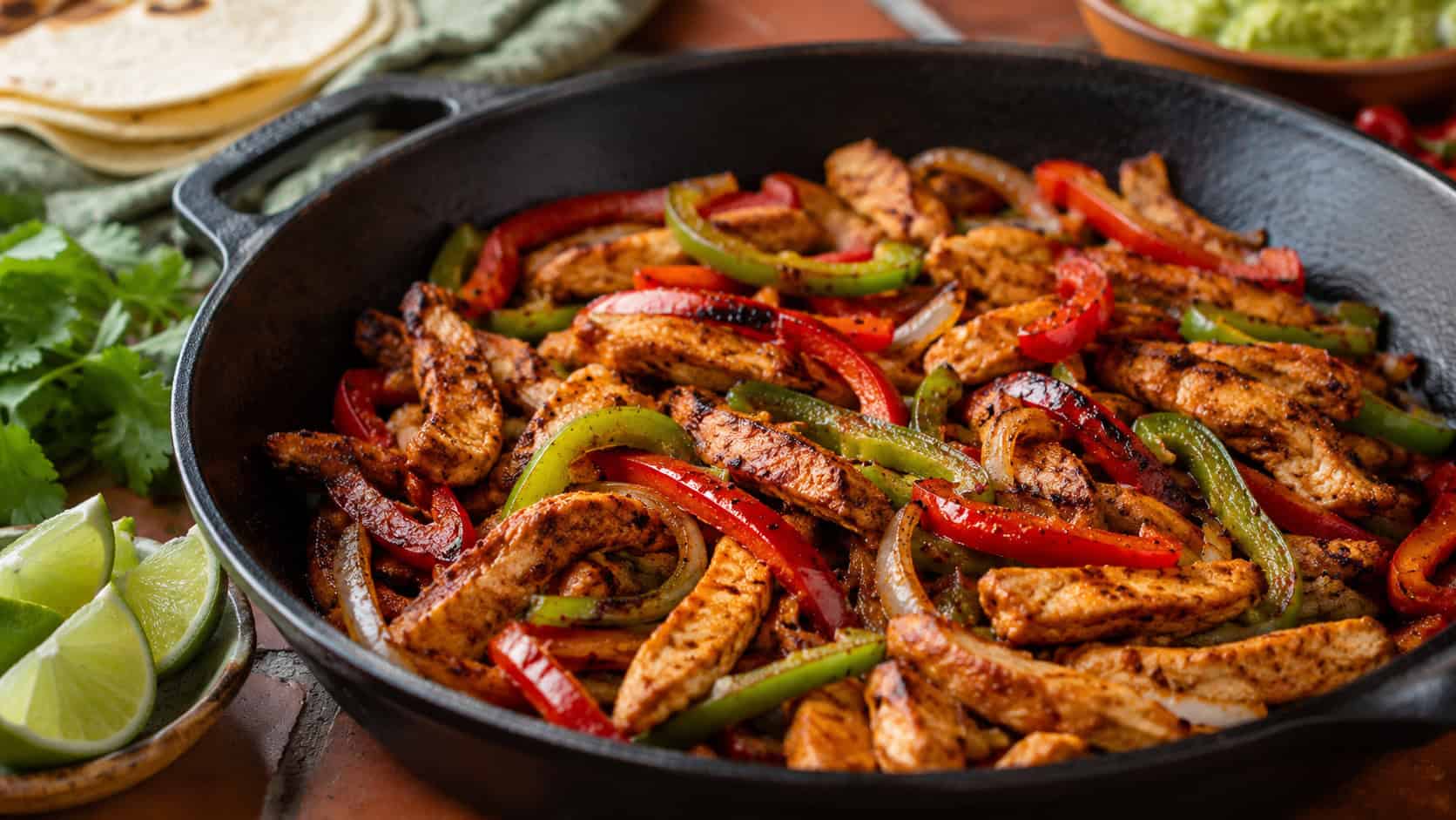 colorful chicken fajita strips with charred red and green peppers and onions in a skillet, lime wedges nearby, on a terracotta table, wide horizontal shot, natural light, shallow depth of field, landscape orientation