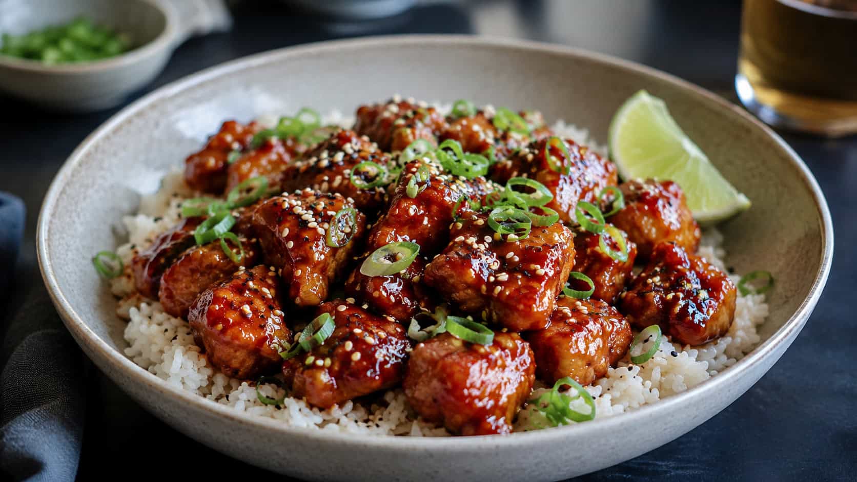 glossy red sriracha glazed chicken cubes over white rice in a bowl, sprinkled with sesame seeds and sliced scallions, lime wedge on the side, on a dark table, wide horizontal shot, natural light, shallow depth of field, landscape orientation