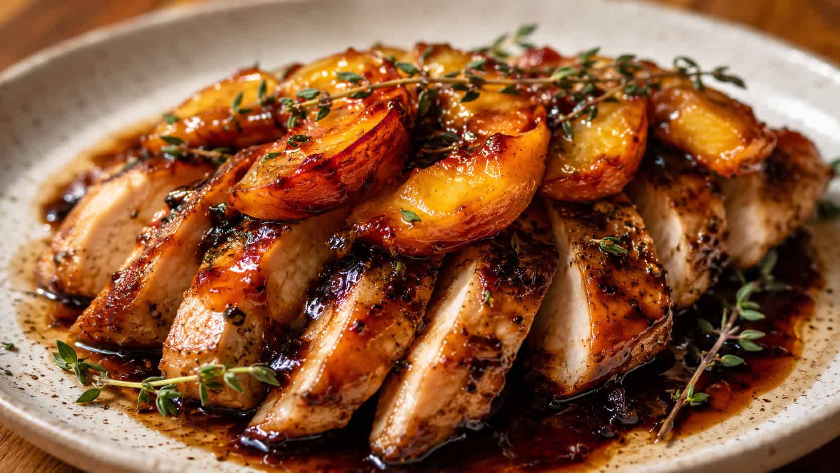peach balsamic chicken in a wide horizontal frame on a plate, sliced chicken topped with glossy jammy peach slices and a dark balsamic glaze, fresh thyme sprigs, golden warm light, shallow depth of field, landscape orientation