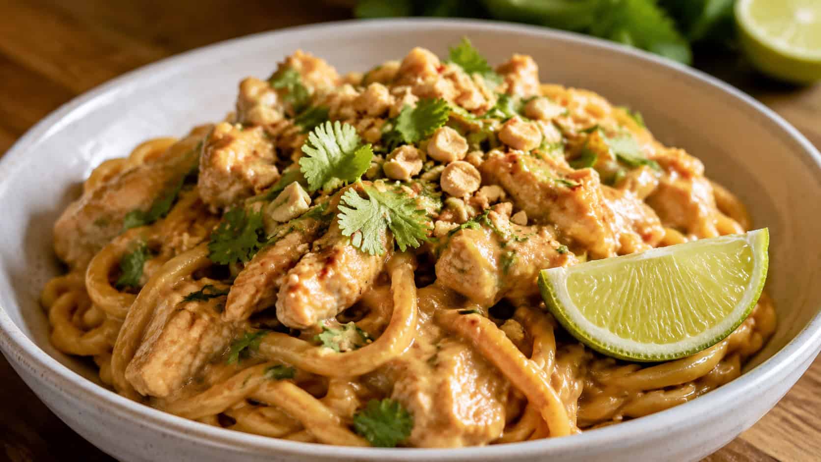 Thai peanut chicken over noodles in a wide horizontal frame in a bowl, creamy tan peanut sauce with chopped peanuts cilantro and lime, warm inviting light, shallow depth of field, landscape orientation
