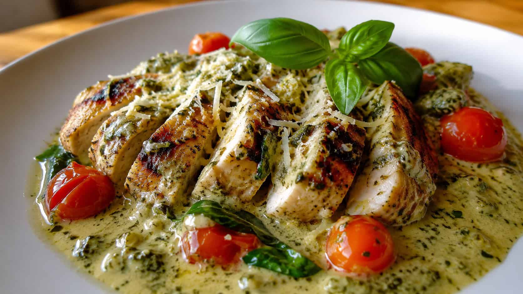 pesto parmesan chicken in a wide horizontal frame on a plate, sliced chicken in a green-flecked creamy sauce with parmesan and cherry tomatoes, fresh basil garnish, bright warm light, shallow depth of field, landscape orientation