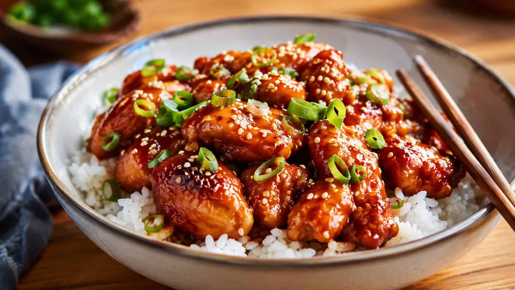 honey sriracha chicken over rice in a wide horizontal frame in a bowl, glossy red-gold glazed chicken with sesame seeds and sliced green onion, vibrant warm light, shallow depth of field, landscape orientation
