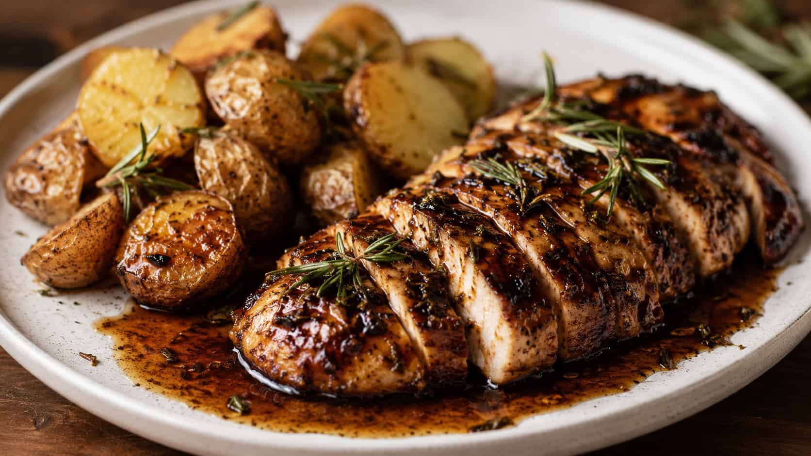 rosemary balsamic chicken in a wide horizontal frame on a plate, sliced chicken in a dark glossy sauce with sprigs of fresh rosemary, roasted potatoes alongside, warm rustic light, shallow depth of field, landscape orientation