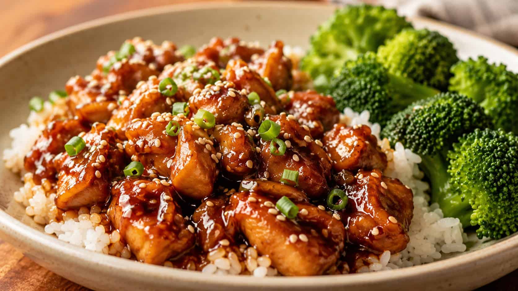 sesame ginger chicken over rice in a wide horizontal frame in a bowl, glossy soy-glazed chicken with sesame seeds and green onion, steamed broccoli on the side, warm clean light, shallow depth of field, landscape orientation