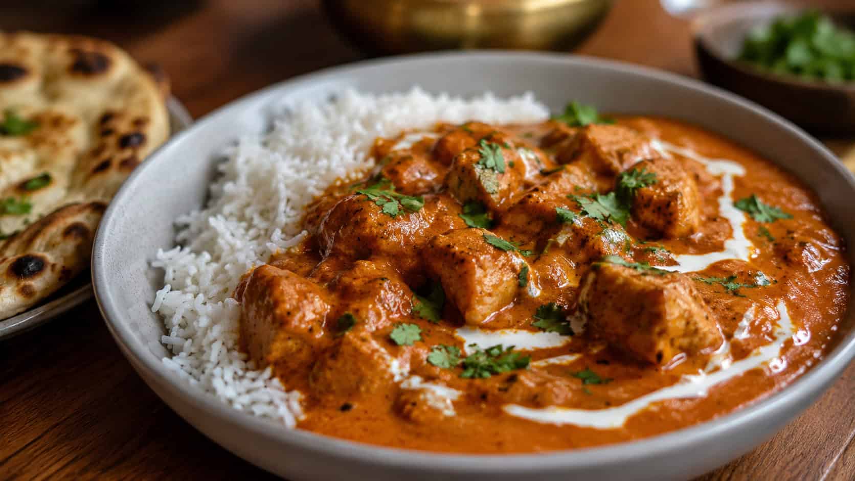 butter chicken over rice in a wide horizontal frame in a bowl, creamy orange-red sauce with tender chicken and a swirl of cream and cilantro, naan on the side, warm cozy light, shallow depth of field, landscape orientation