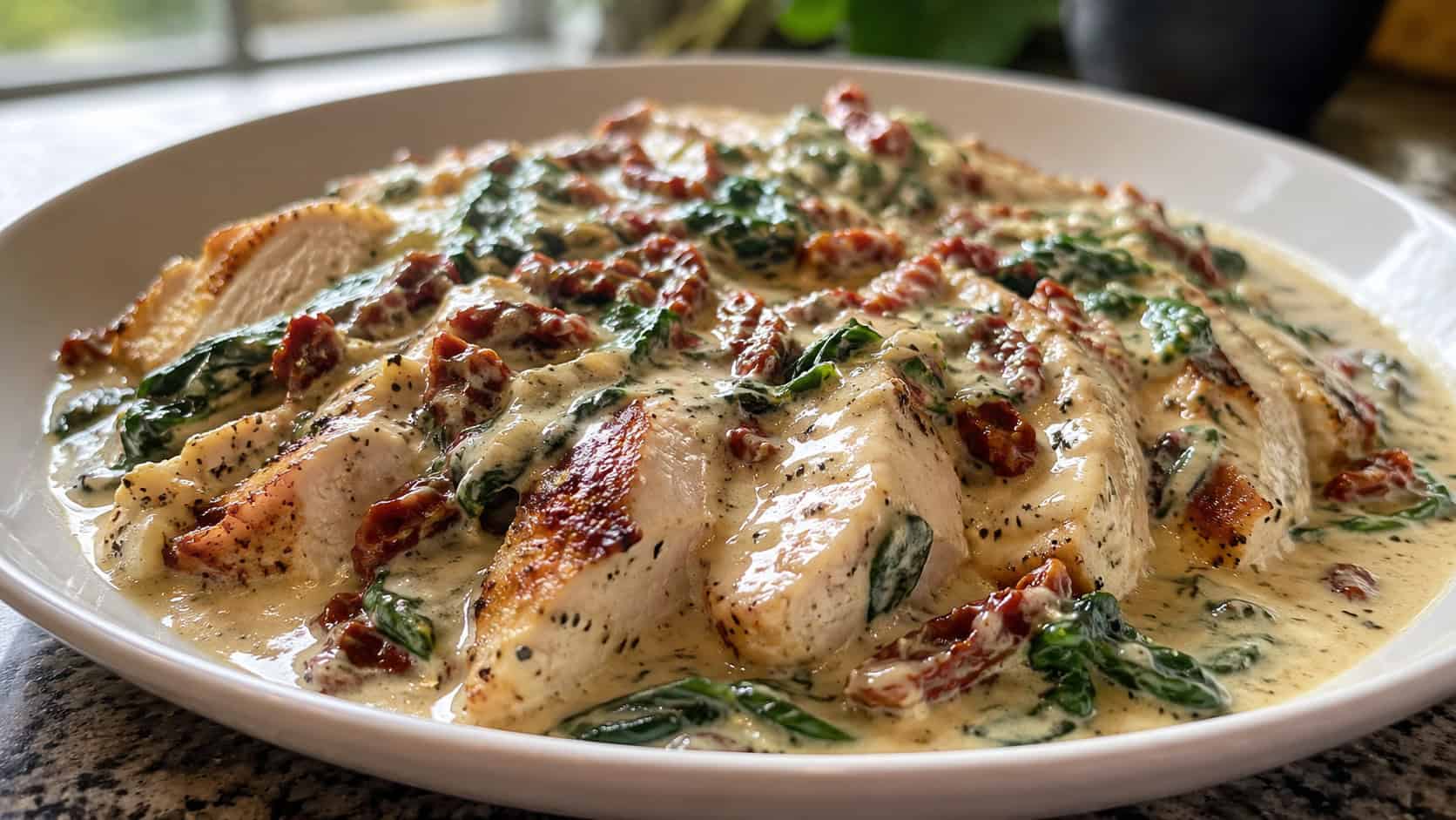 creamy Tuscan chicken in a wide horizontal frame on a shallow plate, glossy white sauce flecked with red sun-dried tomatoes and green spinach over sliced chicken, soft natural light, shallow depth of field, landscape orientation