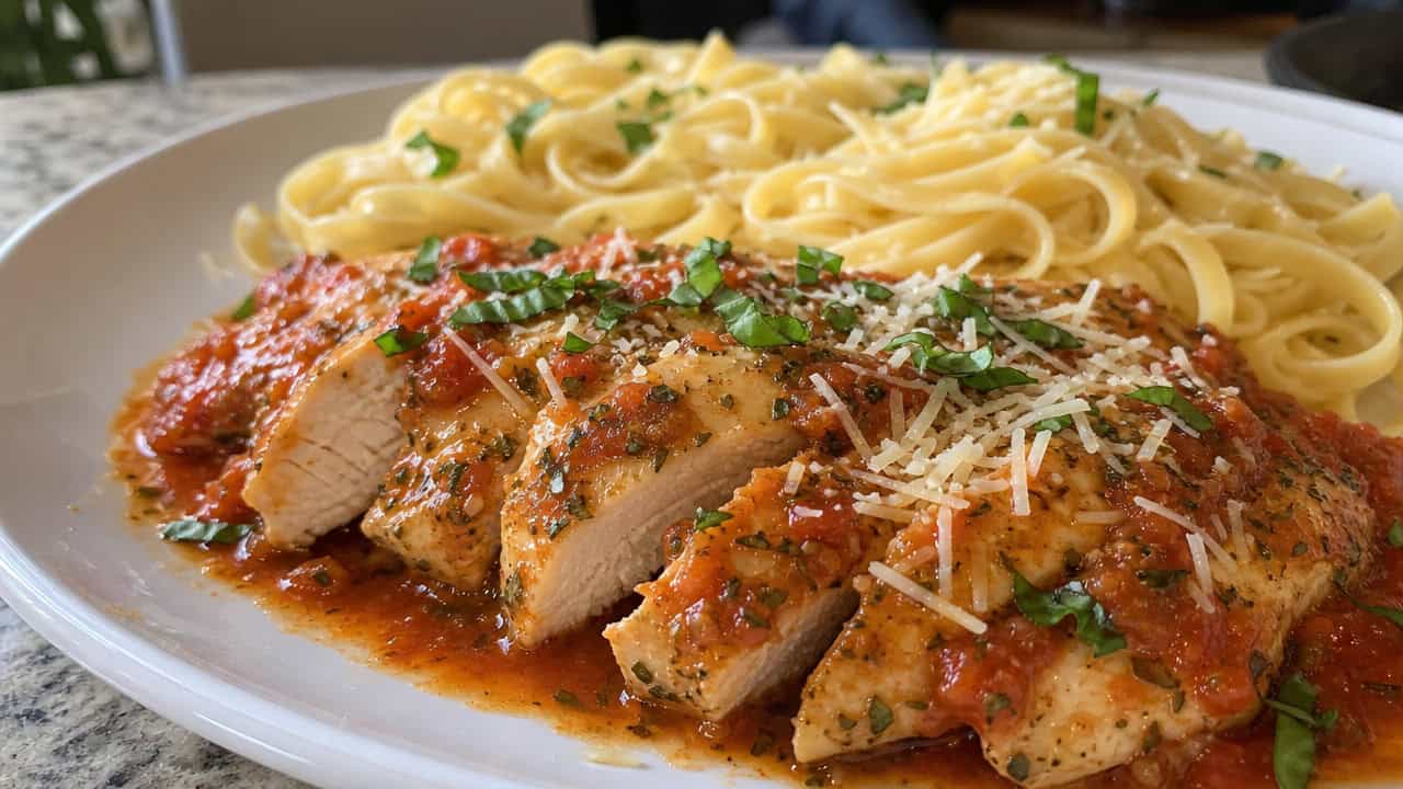 Italian herb chicken in a wide horizontal frame on a plate, sliced chicken in a rustic tomato sauce topped with parmesan and basil, pasta alongside, warm Mediterranean light, shallow depth of field, landscape orientation