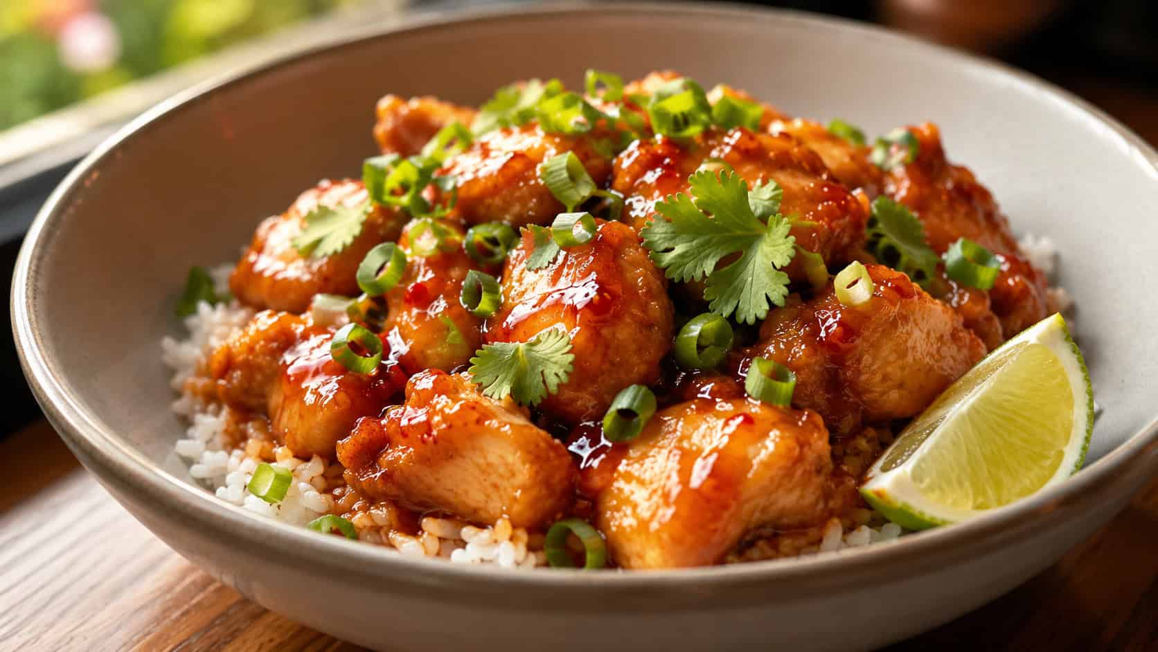 sweet chili chicken over rice in a wide horizontal frame in a bowl, glossy red-orange glazed chicken with green onion and cilantro, lime wedge on the side, vibrant warm light, shallow depth of field, landscape orientation