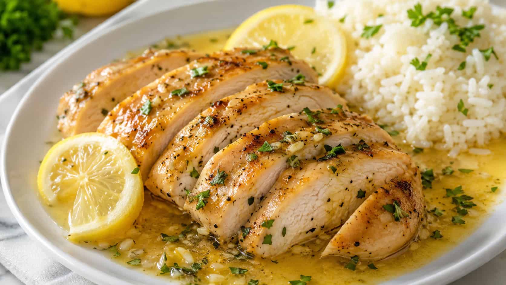 garlic lemon chicken in a wide horizontal frame on a plate, sliced chicken in a glistening lemony broth with parsley and lemon slices, fluffy rice alongside, bright fresh light, shallow depth of field, landscape orientation