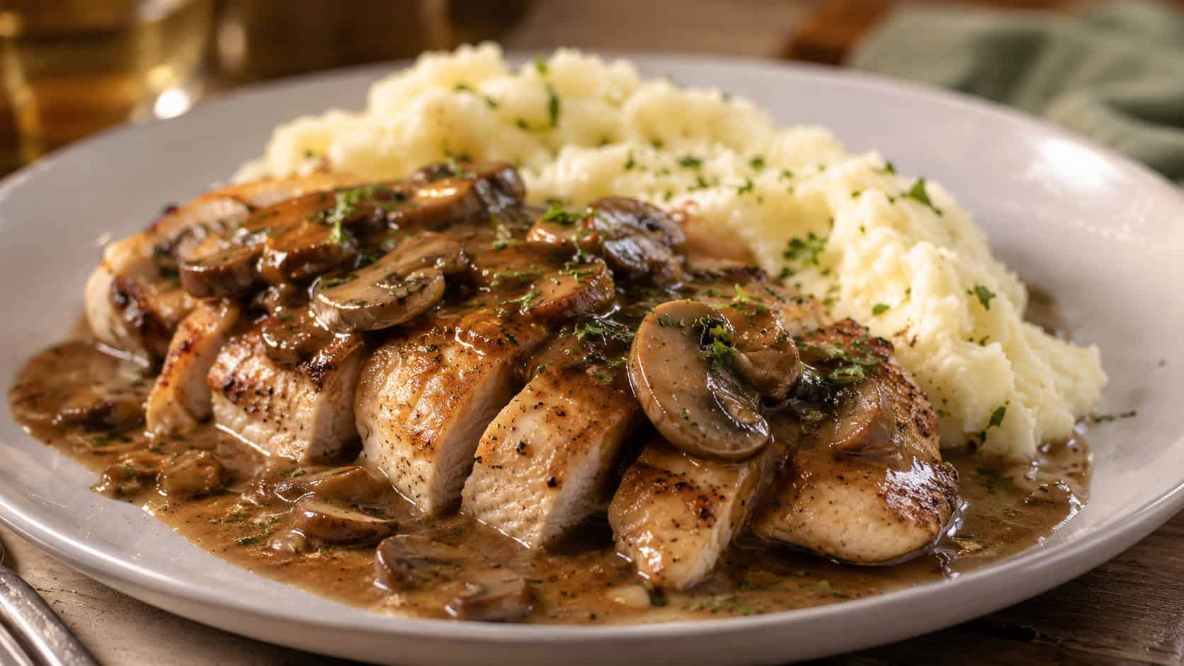 mushroom Marsala chicken in a wide horizontal frame on a plate, sliced chicken under a glossy brown mushroom cream sauce with parsley, mashed potatoes alongside, warm elegant light, shallow depth of field, landscape orientation