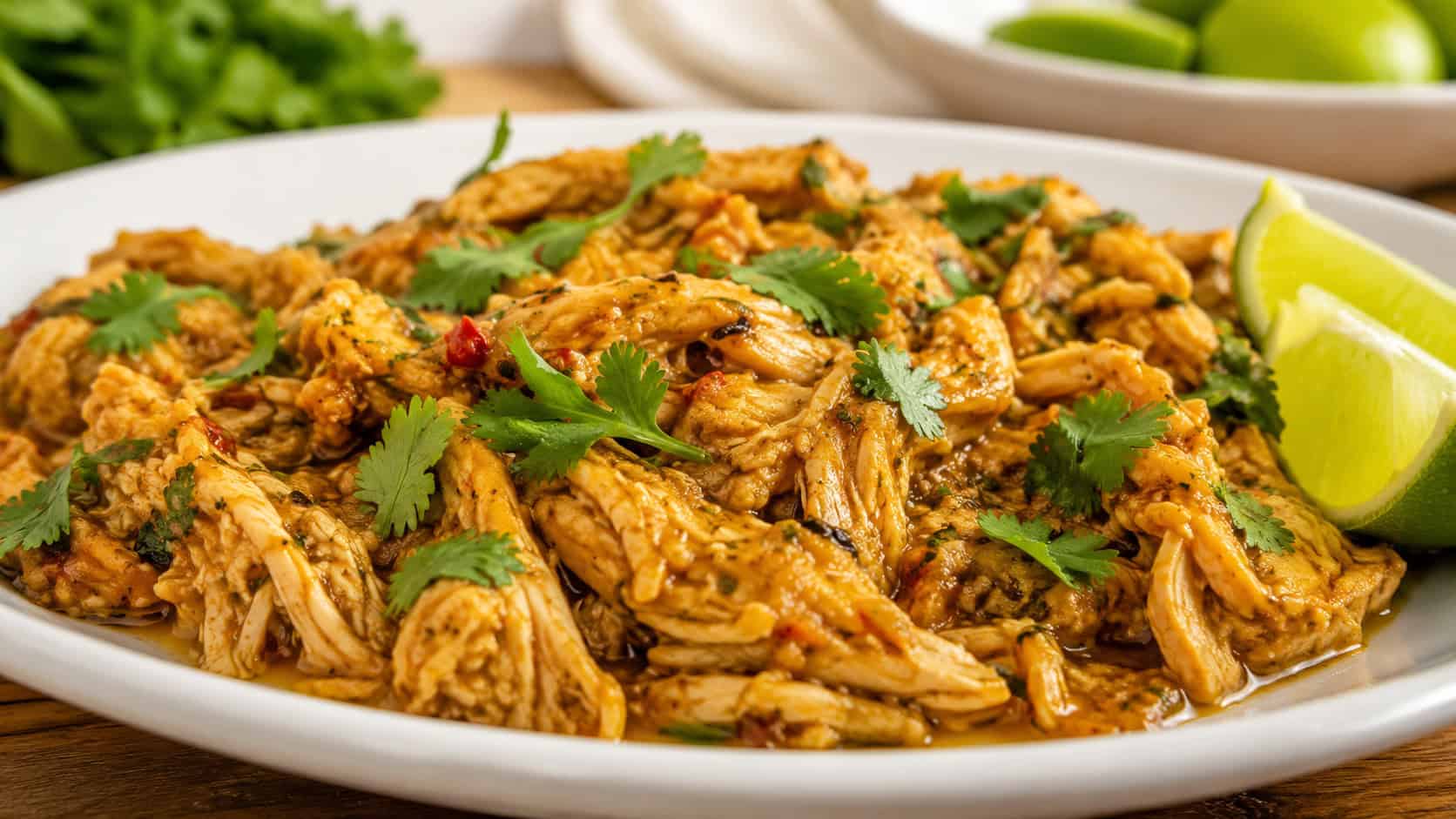zesty lime chili shredded chicken in a wide horizontal frame on a plate, glistening with sauce and topped with fresh cilantro and lime wedges, bright vibrant light, shallow depth of field, landscape orientation