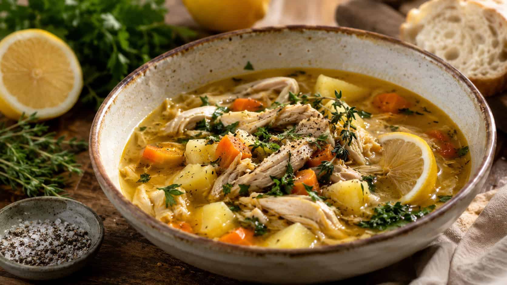 lemon herb chicken stew in a wide horizontal frame in a rustic bowl, golden broth with shredded chicken potatoes and carrots, fresh herbs and lemon on the side, cozy warm light, shallow depth of field, landscape orientation