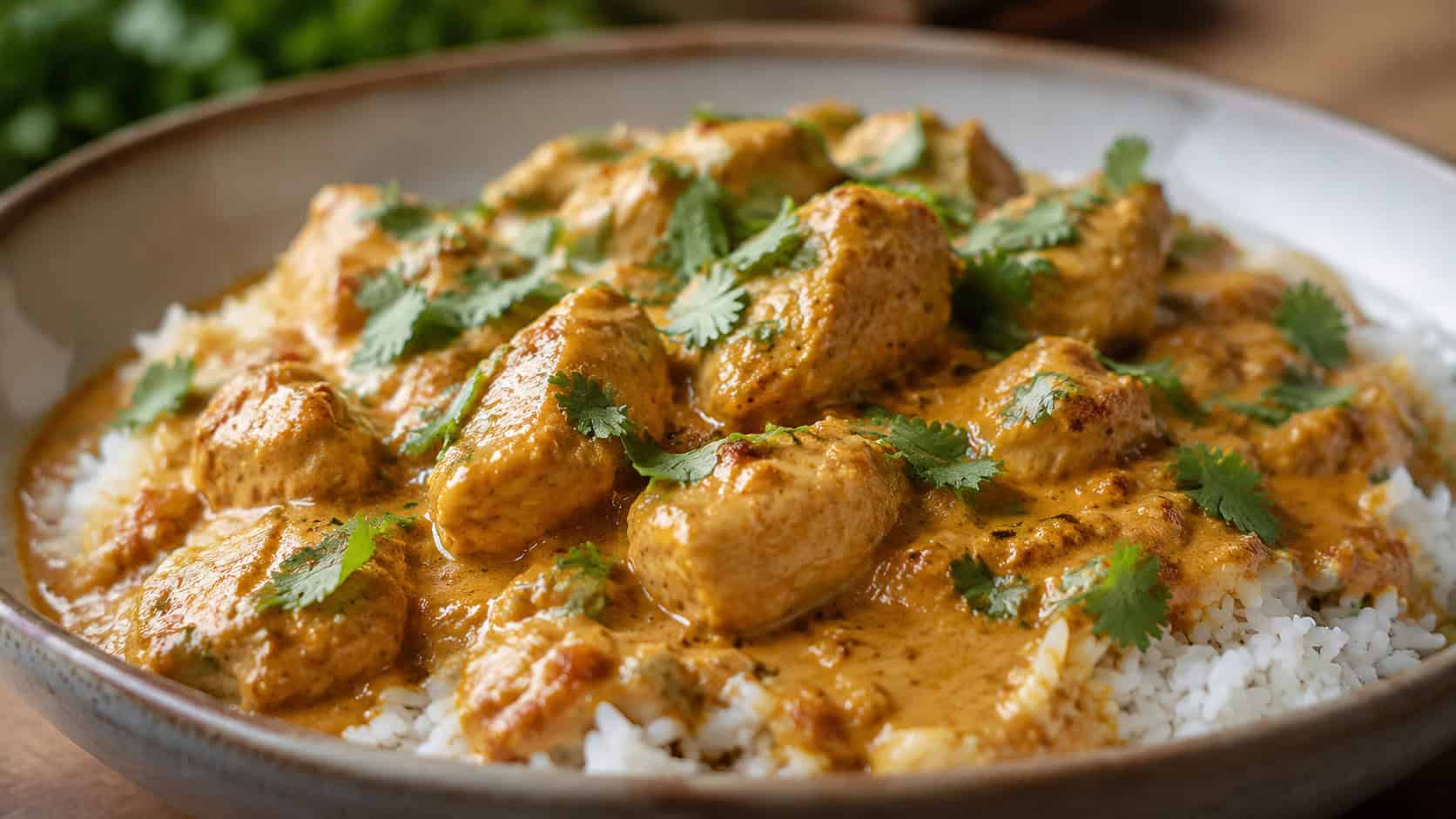 coconut curry chicken over rice in a wide horizontal frame in a shallow bowl, creamy golden-orange sauce with chunks of chicken and fresh cilantro, warm inviting light, shallow depth of field, landscape orientation