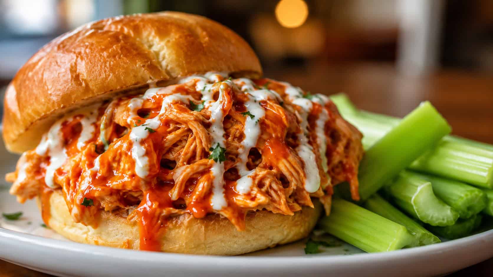 buffalo ranch shredded chicken in a wide horizontal frame piled on a bun, glossy orange-red sauce with a drizzle of ranch and celery sticks beside it, warm appetizing light, shallow depth of field, landscape orientation