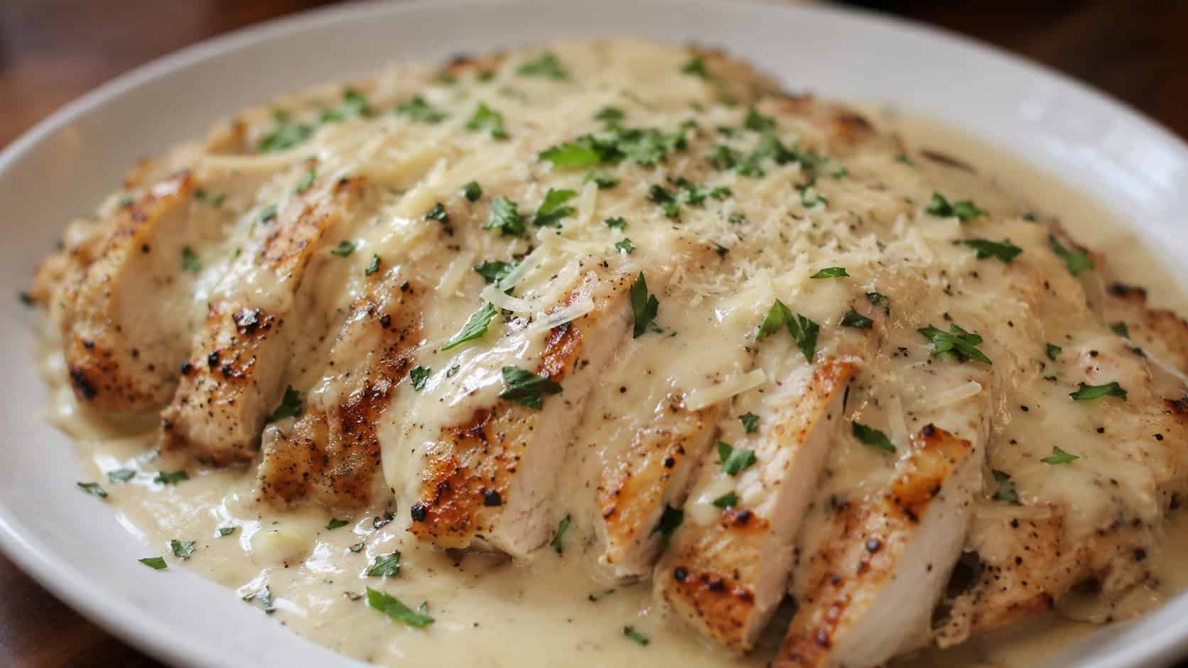 garlic parmesan chicken in a wide horizontal frame on a plate, sliced chicken under a creamy white sauce with melted parmesan and fresh parsley, soft warm light, shallow depth of field, landscape orientation