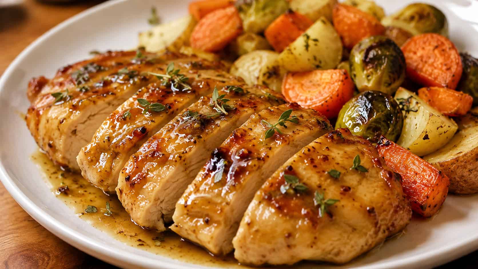 maple Dijon chicken in a wide horizontal frame on a plate, sliced chicken coated in a glossy golden-brown glaze with a sprinkle of thyme, roasted vegetables beside it, warm light, shallow depth of field, landscape orientation