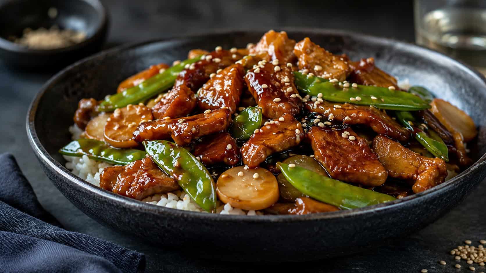 hoisin chicken stir fry with snap peas and water chestnuts in a wide horizontal shot, deep mahogany glaze, served in a dark ceramic bowl over rice, garnished with sesame seeds, on a moody dark table, natural light, shallow depth of field, landscape orientation
